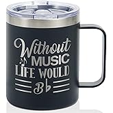 Onebttl Music Lover Gifts For Men, Male, Him - Without Music Life Would B Flat - 12 oz /350 ml Insulated Mugs with Lid - Musician Gifts, Musical Lovers Gift - (Black)