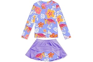 METEORITO Girls Rash Guard Set Two Pieces Printed Zipper Swimsuit Skirt with Shorts 3-12T