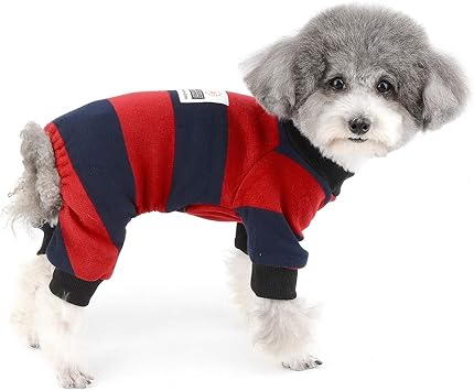 Amazon Zunea 犬服 ロンパース つなぎ 秋冬 小型犬 ニット パジャマ 暖かい 防寒 セーター コート 冬服 ストライプ柄 おしゃれ かわいい 部屋着 寝間着 ペット 犬用 ジャケット パーカー 猫 チワワ 服 ドッグウェア 洋服 レッド M