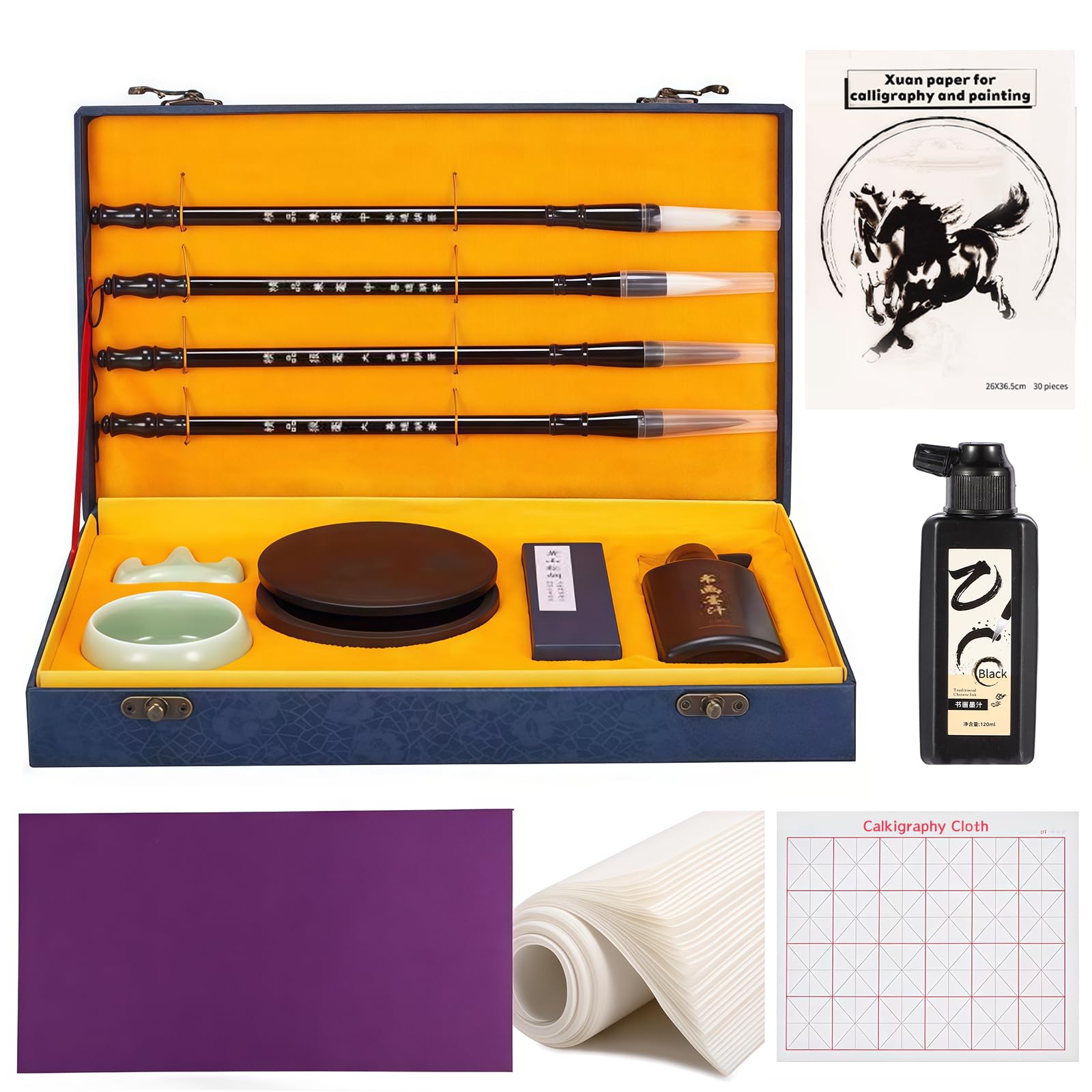 Corciosy Chinese Calligraphy Brushes Gift Set,Professional Sumi Water Writing, Painting Set for Beginners-Blue