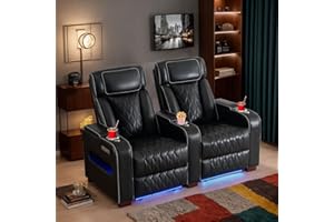 CALIVIA Luxury Home Theater Seating – Power Recliner with Adjustable Headrests, Blue LED Ambient Lighting, Tray Table, USB & Type-C Charging (Black,2 Seat)