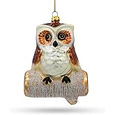 Wise Owl Sitting on a Branch Blown Glass Christmas Ornament