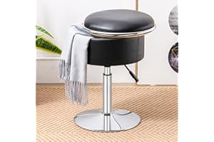 DURFII Round Storage Vanity Stool, Black Vanity Stool Chair for Makeup Room, 360°Swivel Height Adjustable Chair, Faux Leather Stool for Vanity with Storage, Vanity Ottoman Chair for Bathroom Living Room