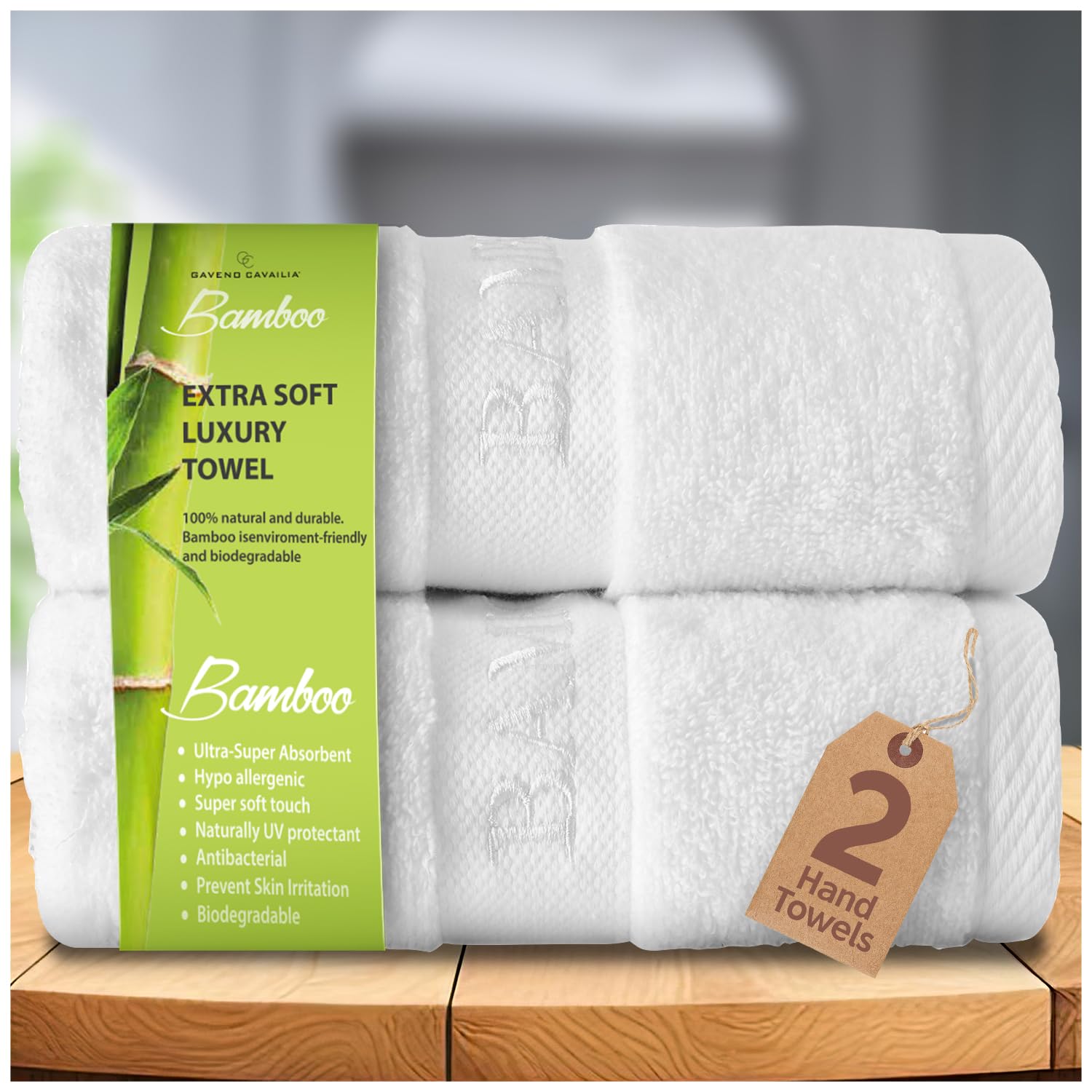 GC GAVENO CAVAILIA Bamboo Hand Towels 2 Pack - 500 gsm Highly Absorbent Towels For Bathroom (50x80 Cm) - 60% Bamboo, 40% Cotton Towels Bale Extra Soft - White