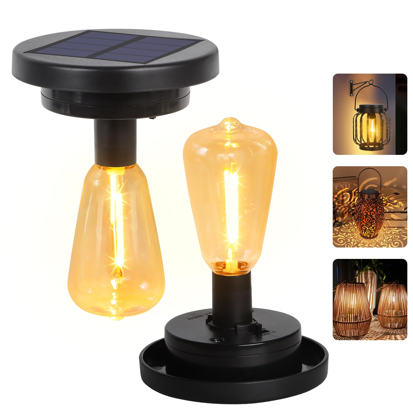 NEWNEN Solar Lights Replacement Top Panel Lantern: 7cm Warm White Replacement Solar Light Top with Bulb Lights for Lantern Outdoor Garden 2Pack