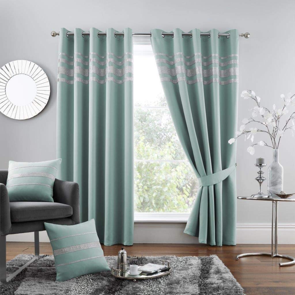 GC GAVENO CAVAILIA Kendal Diamante Thermal Blackout Curtains Ring Top Eyelet Curtain Pairs With Two Tie Backs, Duck Egg, 66X72 Inch 654247