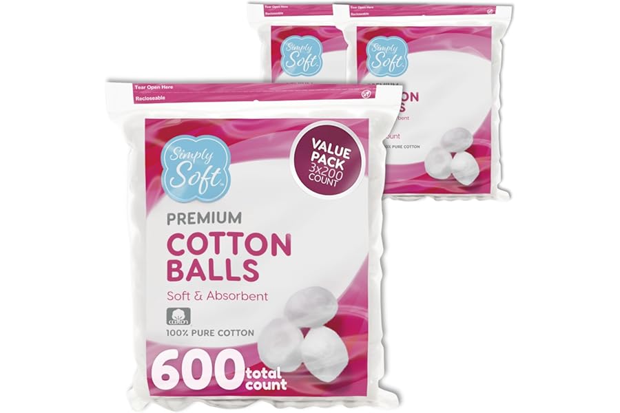 Medline Simply Soft Simply Soft Premium Cotton Balls (600 Count), 100% Pure Cotton, Large Cotton Balls for Face and Nail Polish Remover