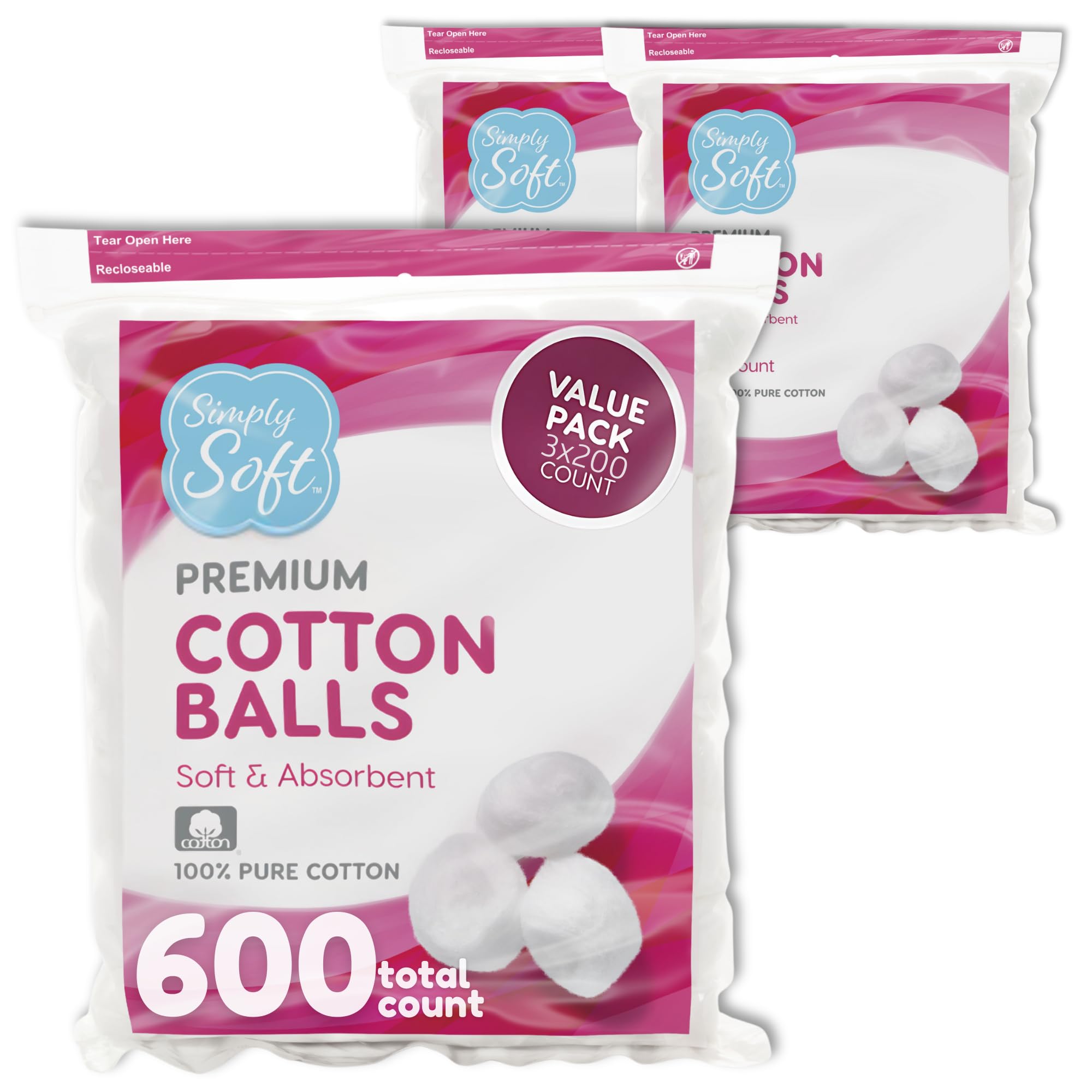 Photo 1 of Simply Soft Premium Cotton Balls (600 Count), 100% Pure Cotton, Large Cotton Balls for Face and Nail Polish Remover