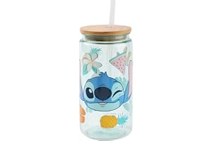 Disney Stitch Plastic Tumbler with Bamboo Lid & Straw – Reusable Iced Coffee Cup, Clear Glass Cold Drink Cup for Smoothies, J
