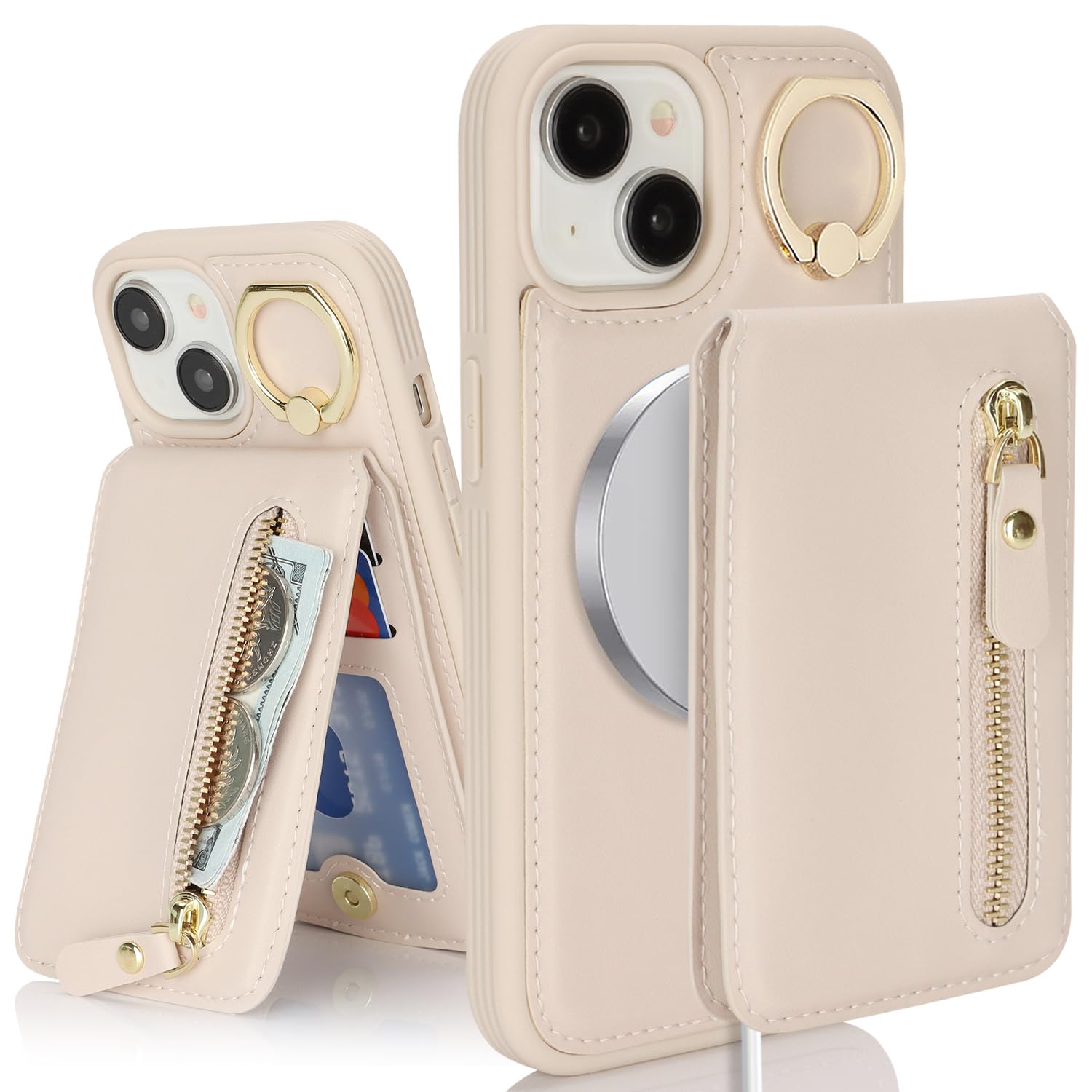 SailorTech Case for iPhone 14 Plus Phone Case with Card Holder, Cover for iPhone 14 Plus Case Magsafe Ring Stand with Kickstand Card Slots Wallet Detachable 2-in-1 Zipper Case - Apricot