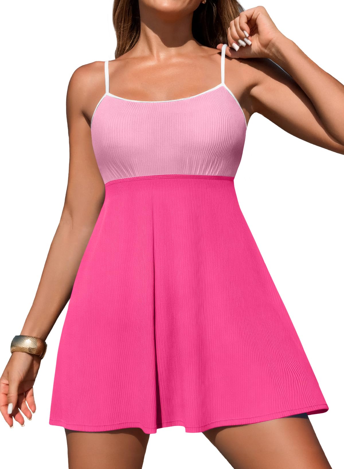 Photo 1 of Aleumdr Women's Ribbed One Piece Skirt Swimsuit Swimming Dress Tummy Control Color Block Prited Bathing Suit with Pockets Color Block Pink Medium