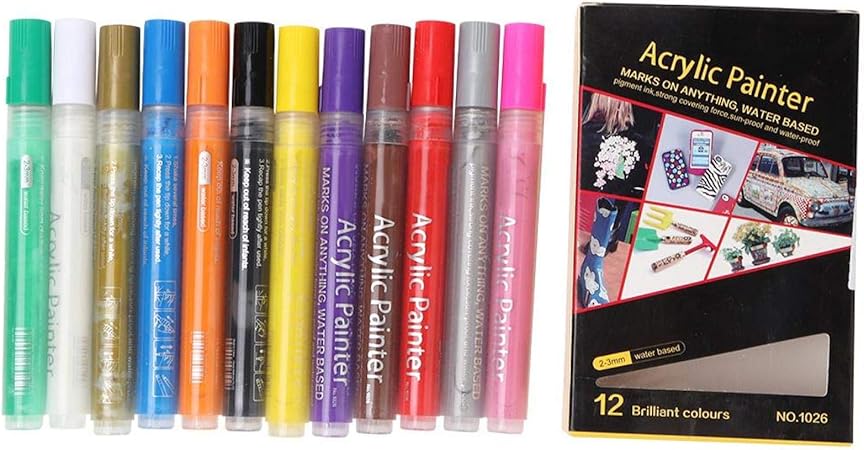 Amazon 12パックのアクリル絵の具マーカー 1026ボディペイントデコレーションdiyグラフィティ水性ペイントペン 岩 帆布 ガラス 陶器 プラスチック用 ダーマトグラフ 文房具 オフィス用品