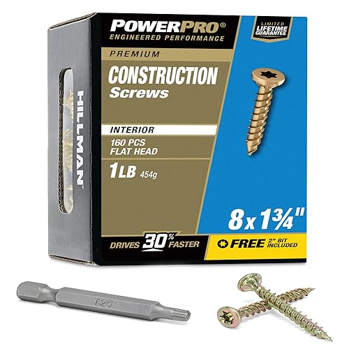 Power Pro 48580 Interior Wood Screws, #8 x 1-3/4", Epoxy Coated, Torx/Star Drive Included, Coarse Thread, Decking Screws, Outdoor Rust Resistant, Gold, 175pcs