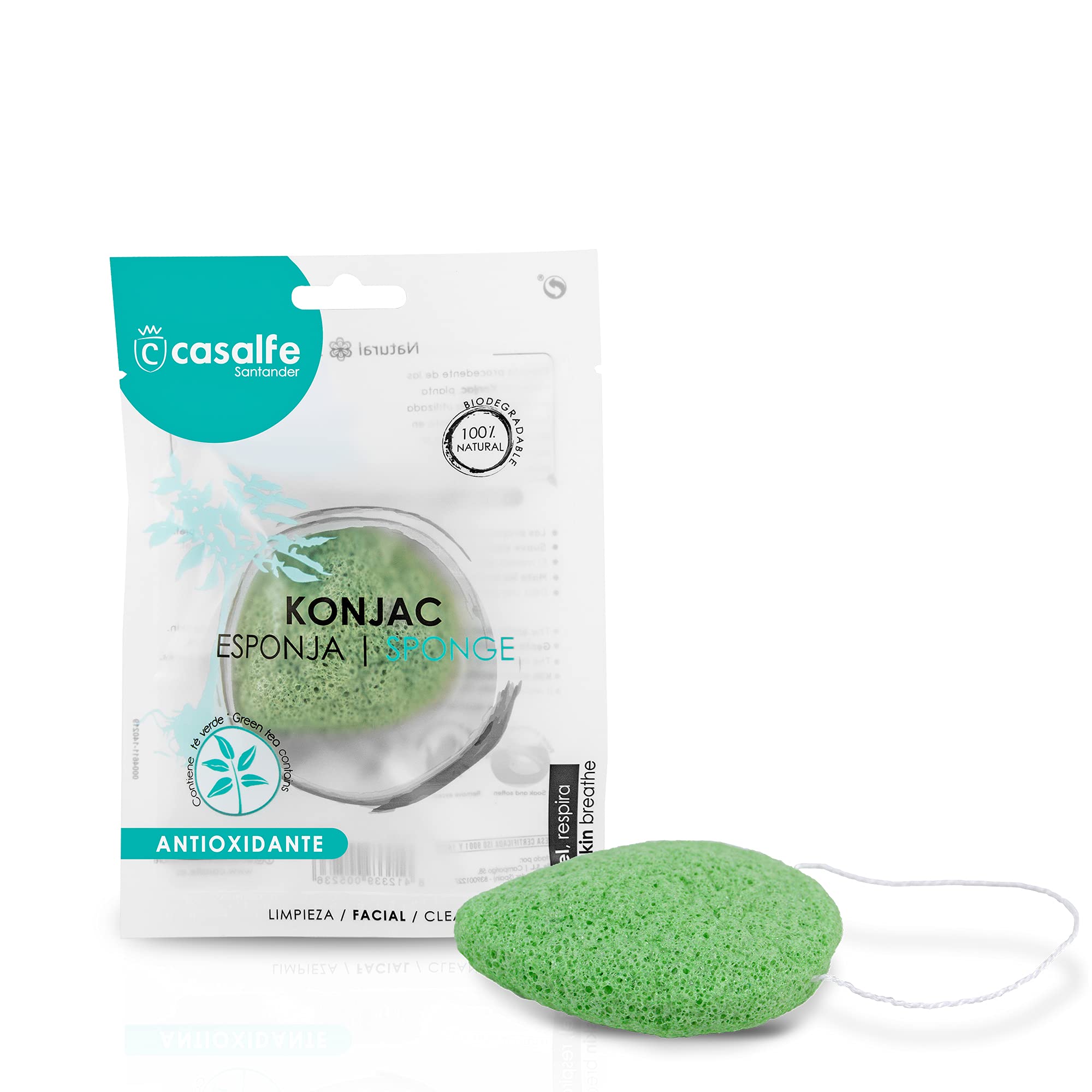 Casalfe Konjac 100% Biodegradable Natural Sponge for Gentle Exfoliation, Contains Antioxidant Tea, Green