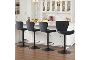 Sweetcrispy Modern Bar Stools Set of 4, Adjustable Faux Leather Upholstered Swivel Bar Stools, Counter Height Bar Chairs with Back for Kitchen Island, Black