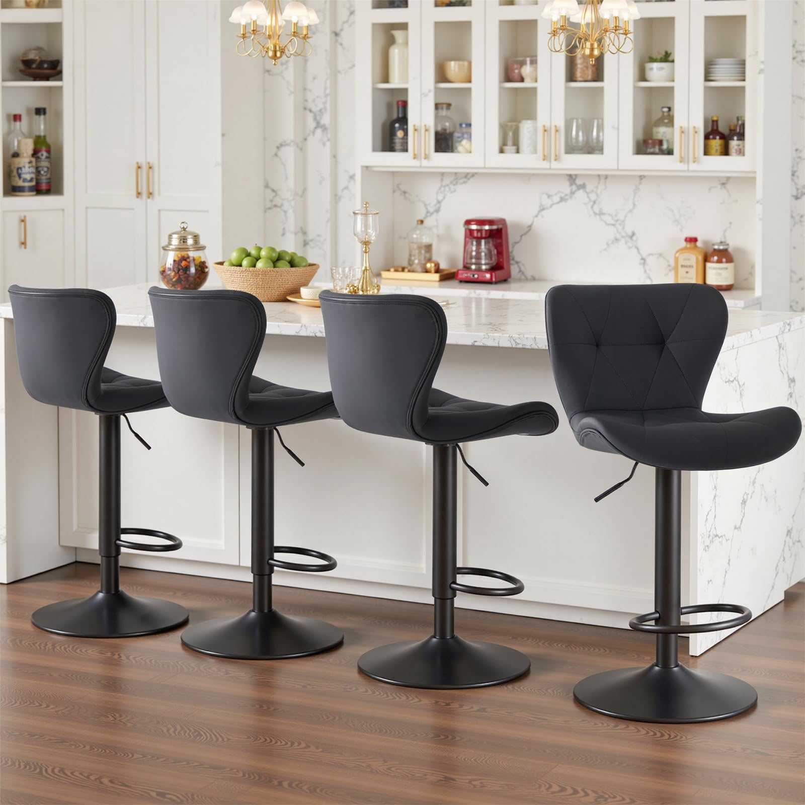 Photo 1 of ***SET OF 02 ***Sweetcrispy Modern Bar Stools Set of 2, Adjustable Faux Leather Upholstered Swivel Bar Stools, Counter Height Bar Chairs with Back for Kitchen Island, Black