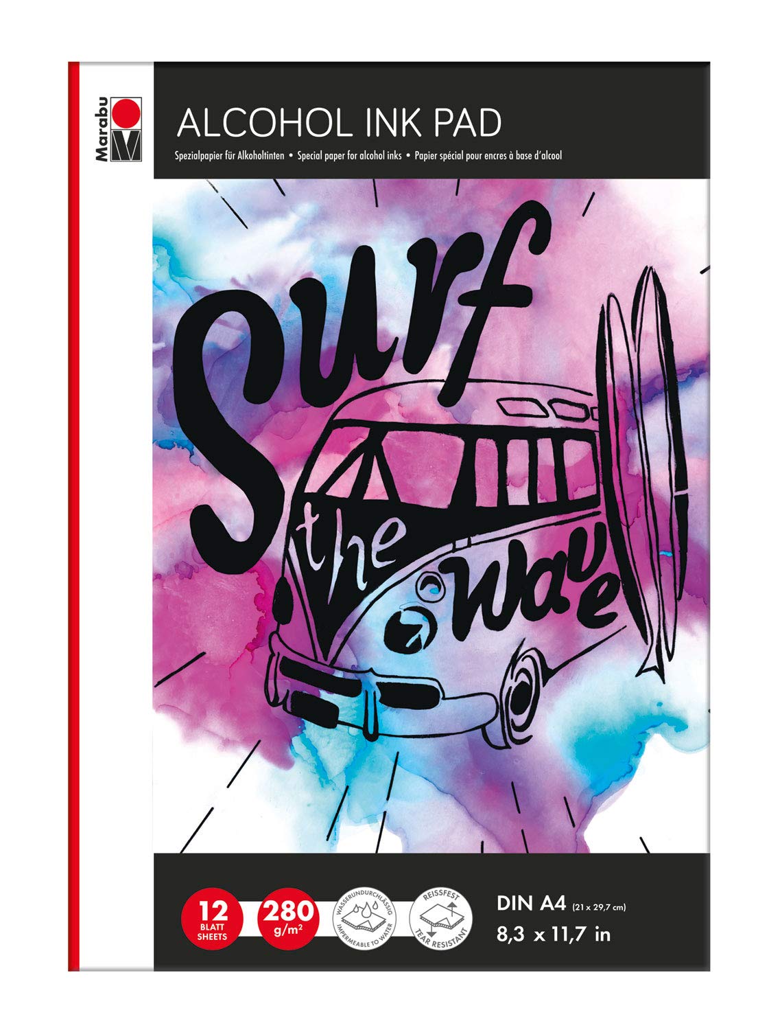 Marabu Pad, Special Paper for Alcohol-Based Inks, DIN A4, 12 Sheets 280g/m2, Matt Coated, White, Tear Resistant and Waterproofing