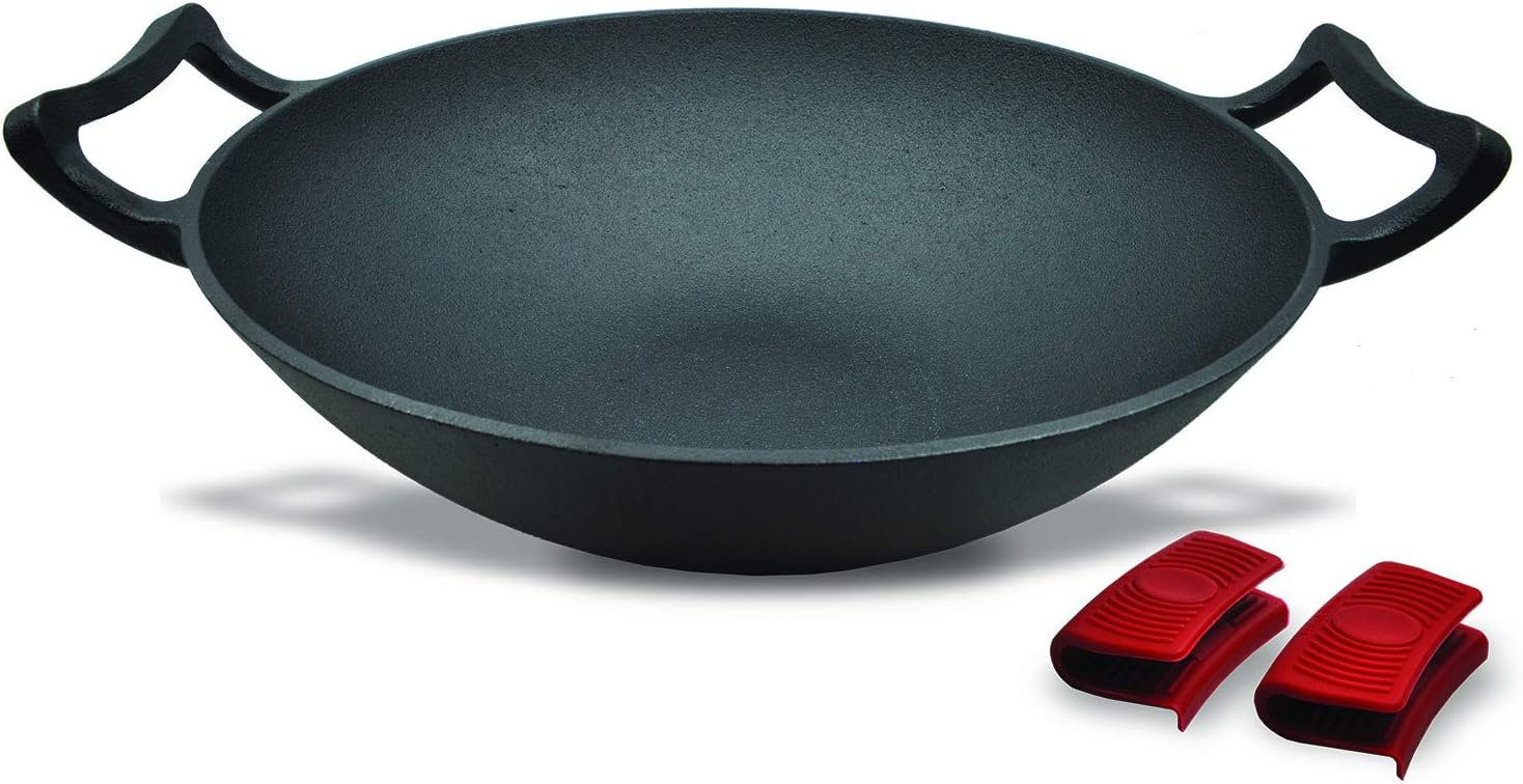 Pre-Seasoned Cast Iron Nonstick Hot Wok Burner Pan with Large Loop Handles - 13" Diameter, 5.5" Wider Flat Base - Includes Free Silicone hot pan Handle Holders, Great for Induction, Gas,Electric Tops
