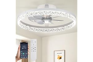 Passky 19.7” Low Profile Ceiling Fan with Lights and Remote, Dimmable LED Flush Mount Fandelier, 6 Speeds, 3000K–6000K, White Modern Ceiling Fan for Bedroom, Kitchen, Living Room