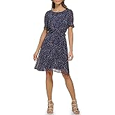 DKNY Womens Puff Sleeve Tie Waist A-line Mini Dress
