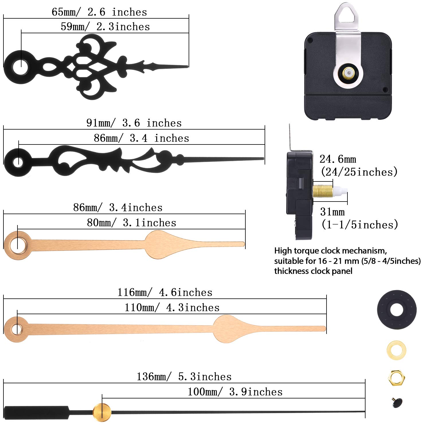 2 Pair Hands Quartz Clock Movement DIY Wall Clock Movement Mechanism Clock Repair Parts Replacement (Shaft Length 1-1/5 Inch/ 31 mm, Color Set 3)