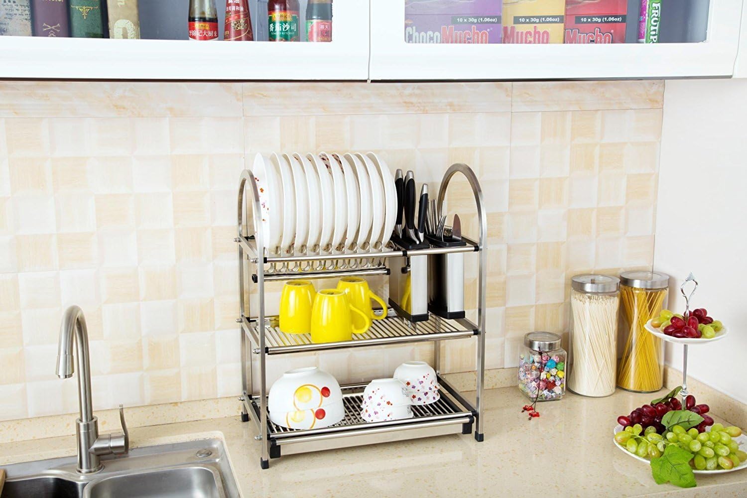 Roloz Dish Rack, Drainer, Drying Rack, Holder, 3-Tier, Kitchen Plate Cup Draining Storage with Tray, Stainless Steel