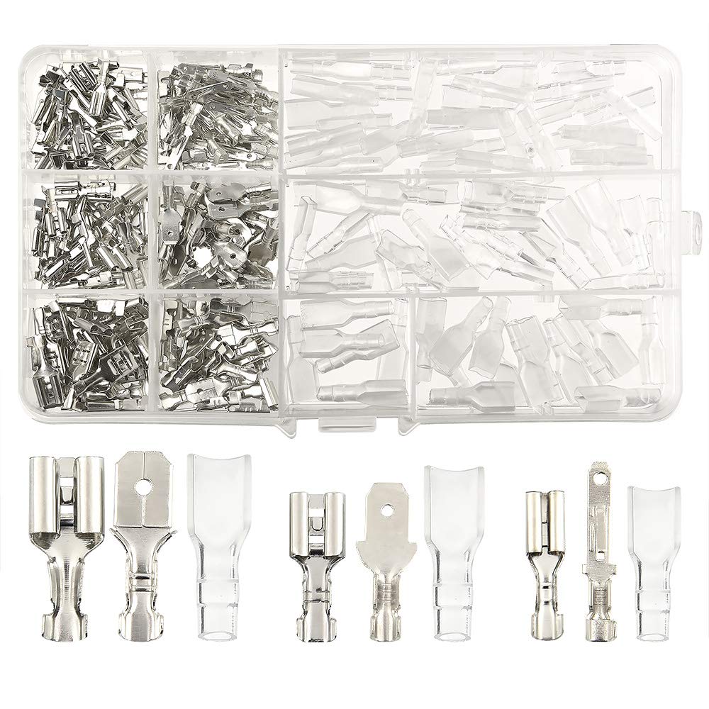 TUPARKA 270 PCS Electrical Wire Connector Male Female Spade Connectors Wire Crimp Terminal Block with Insulating Sleeve Kit 2.8mm 4.8mm 6.3mm