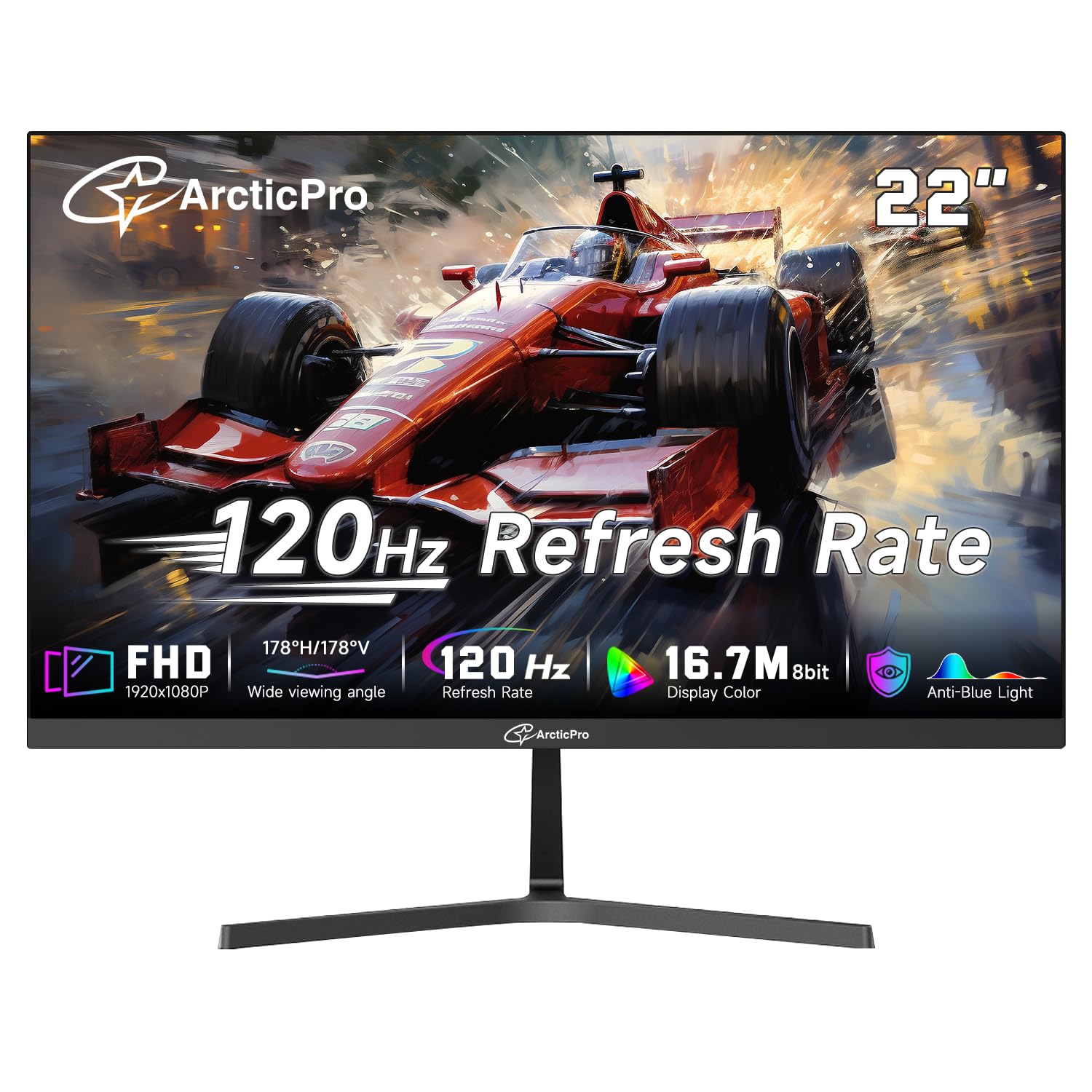 ArcticPro 22 inch 120Hz Monitor, Full HD (1920 x 1080p) Computer Monitor, 99% sRGB, 4000:1 Contrast, 3-Sided Frameless, Ultra Slim, VESA, LowBlue Mode, Tilt Adjust, HDMI *1, VGA*1 Image