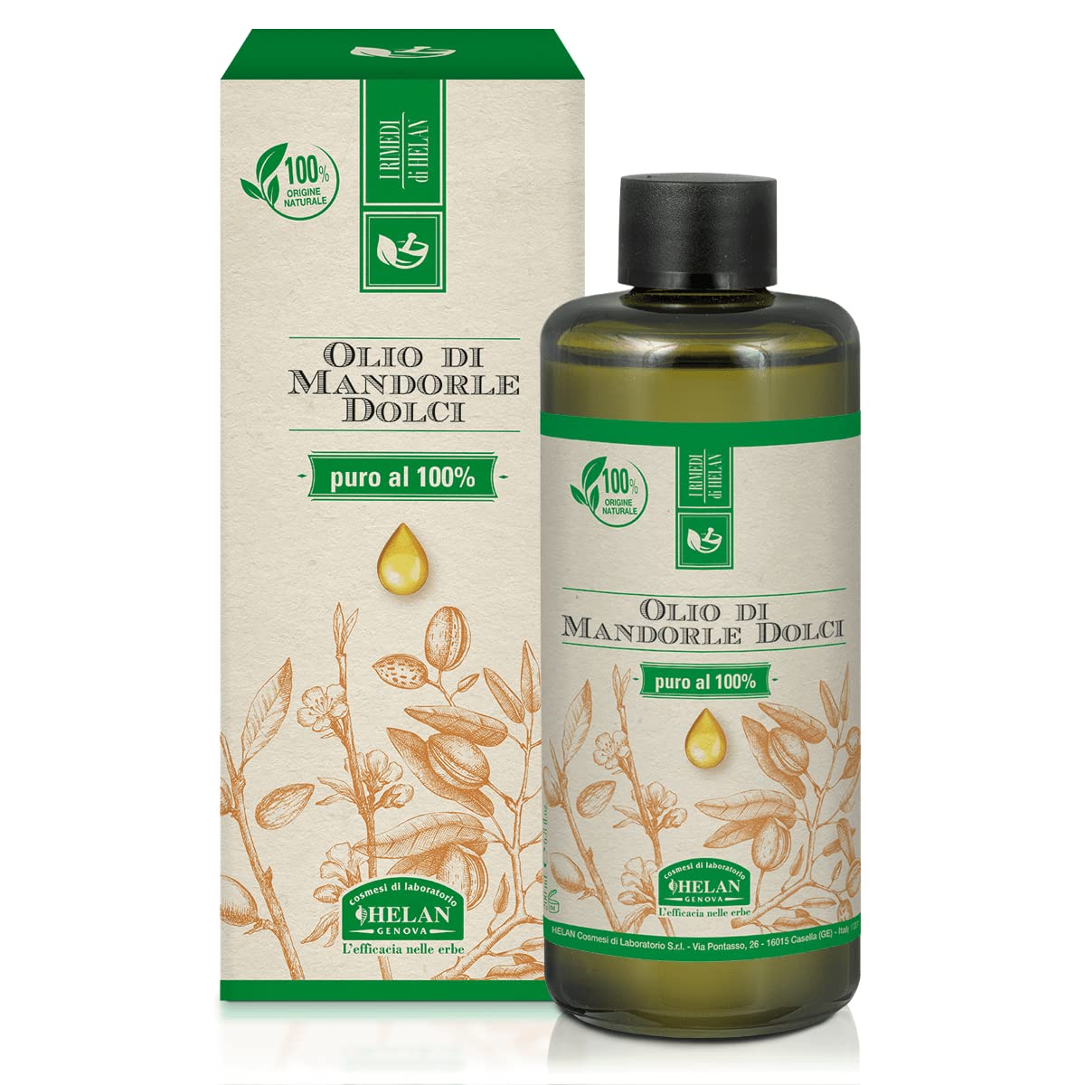 Helan, I Rimedi - Sweet Almond Oil for Skin, Massage Oil for Sensitive Skin, Organic Almond Oil Against Skin Ageing & Free Radicals, 100% Pure Oil, Perfect for DIY Cosmetics - Made in Italy, 200 ml
