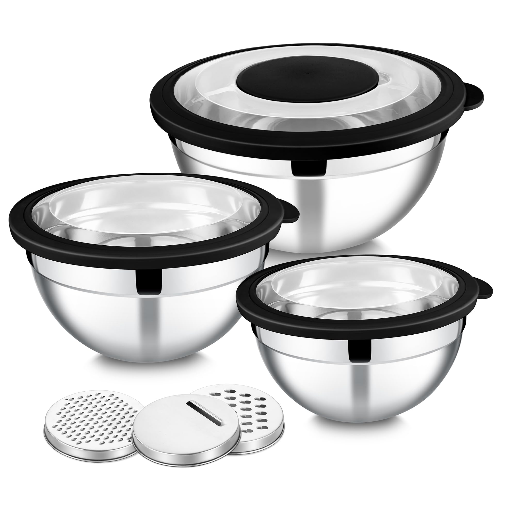 Photo 1 of E-far Mixing Bowls with Lids and Graters, Stainless Steel Salad Mixing Bowl with Transparent Lid Set of 3, Metal Nesting Salad Storage for Kitchen Prepping/Serving/Baking, 4.6/2.6/1.5QT - Black