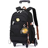 GRUOTEIS Kids Rolling Backpack for Girls Boys School Bag, Wheeled Bookbag Backpack for School Kids with 6 Wheels, Black