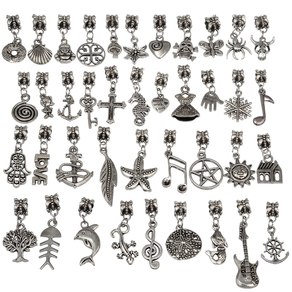 RUBYCA 120Pcs Tibetan Silver Color Connector Bails Mix Beads with Pendant fit Charm Bracelet 602