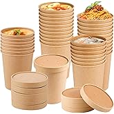 BLUEKIWI 30 Pack 32 oz Kraft Compostable Paper Food Cup with Vented Lid Disposable Ice Cream Containers Soup Containers with