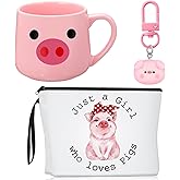 Dansydaisy 3 Pcs Cow Pig Lovers Gifts for Women Funny Travel Makeup Bag Portable Cosmetic Bag Cute Coffee Mug 11.8 oz Stainless-Steel Keychain for Women Animal Lovers Gifts(Pig Style)