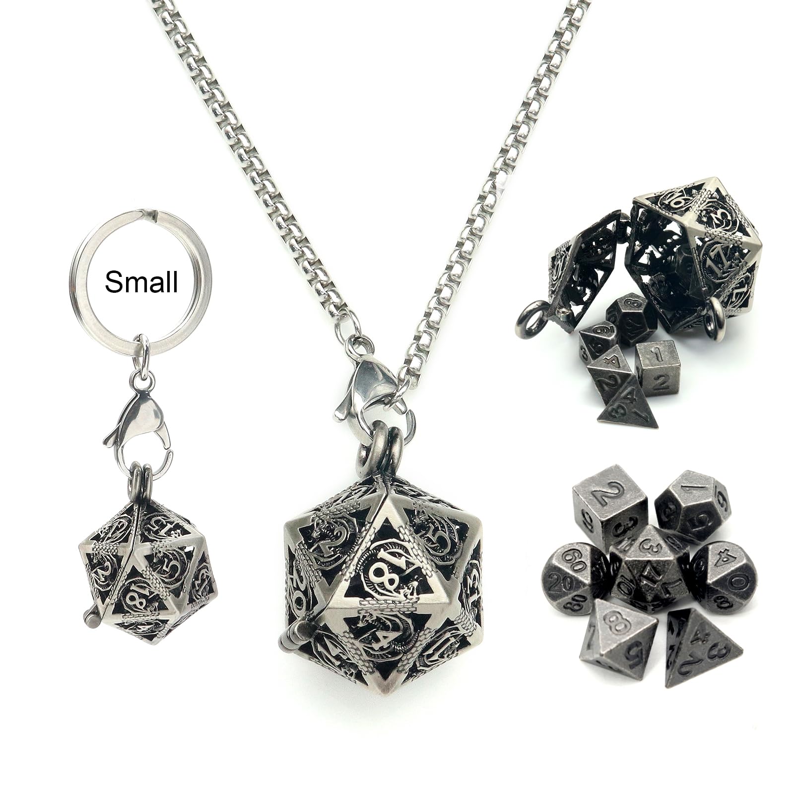 Haxtec Mini Metal D&D Dice Set With Antique Iron Hollow D20 Necklace & Portable 7-Piece Dice Case — image 1