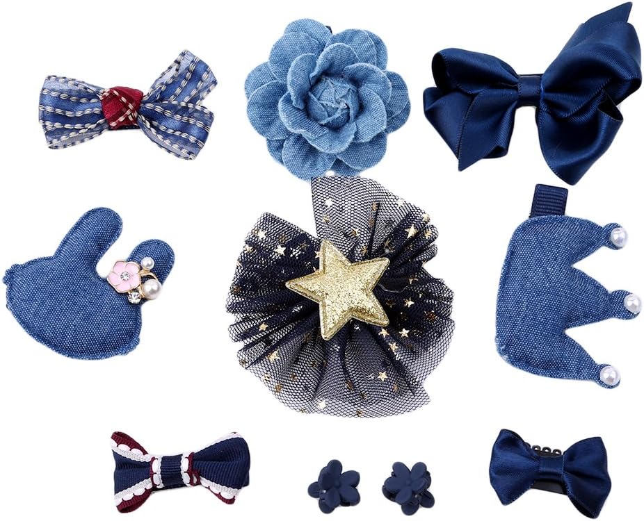 CanViUKK 10 Pcs Kids Girls Hair Bows Clips, Bowknot Crown Hair Barrette Hairpin Wispy Clippy Hair Accessories for Baby Girls Kids, Navy