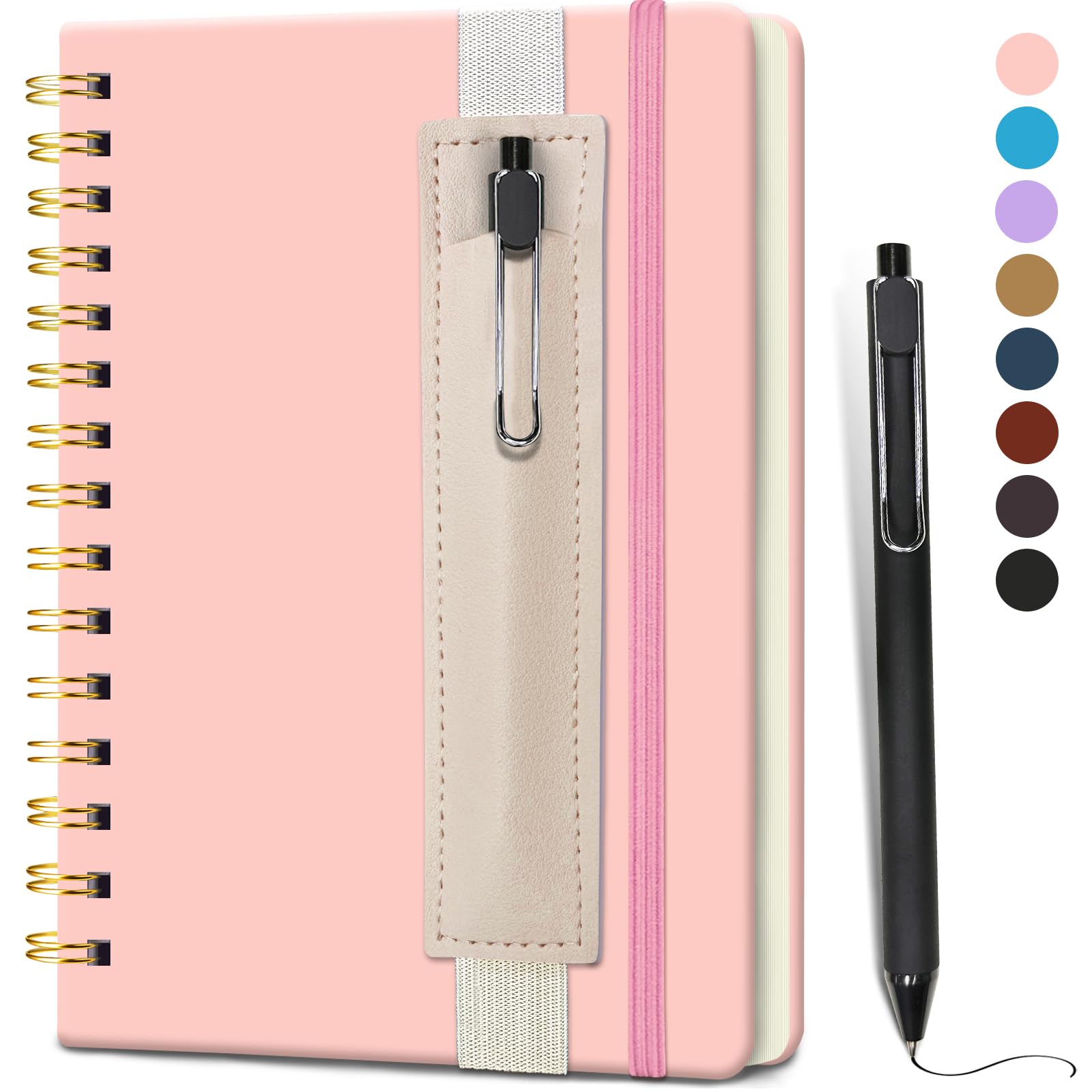 DWIYITTN A5 Spiral Notebook and Pen Set, 160 Lined Pages Faux Leather Hardback Wirebound Notebook A5 with Detachable Pen Holder and Pen for School College Work Home Writing Note Taking(Pink)