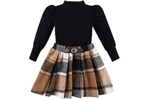 URMAGIC Toddler Girl Outfits Turtleneck Long Sleeve Ribbed Shirt Tops Plaid Mini Skirts 2Pcs Set Fall Winter Clothes 2-7T
