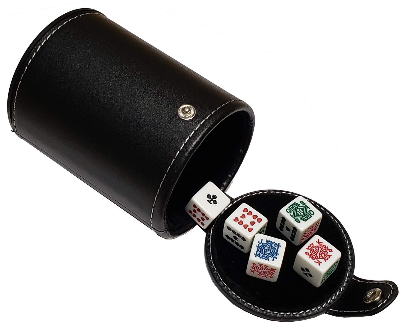 Set of 16mm Poker Dice and Black PU Leather Black Velvet Lined Dice Cup with Storage Compartment (Gift Boxed) (Poker (Squared Corners, Clubs Ace) - White)