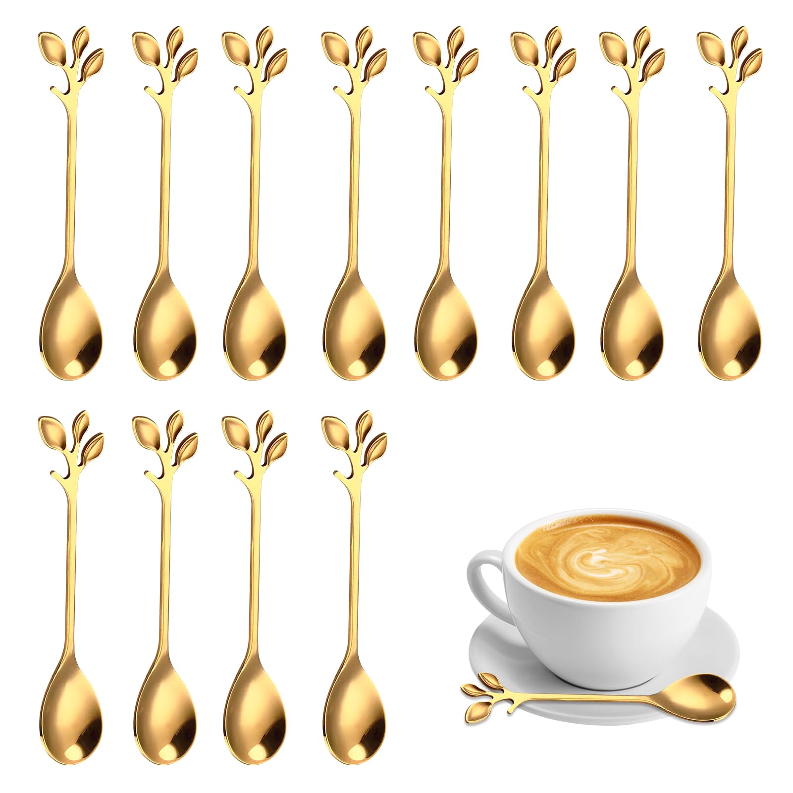 12 Pieces Stainless Steel Foil Teaspoon, Small Stainless Steel Dessert Spoon, Mini Teaspoon Dessert Spoon Branch Design, Used for Water Tea Milk Coffee (Gold)