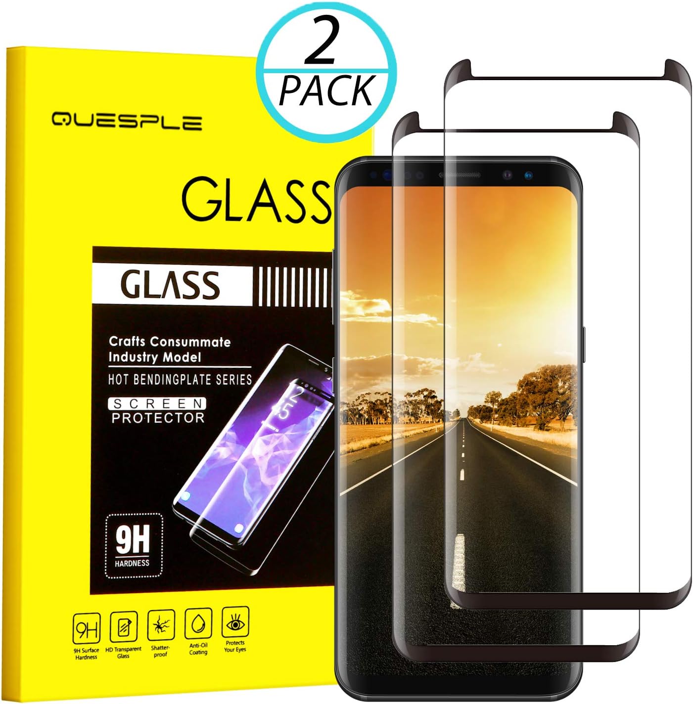 [2-Pack] Galaxy S8 Plus Tempered Glass Screen Protector,QUESPLE [No Bubbles][Anti-Glare][Anti Fingerprint] 3D Curved Screen Protector Compatible with Samsung Galaxy S8 Plus, Black