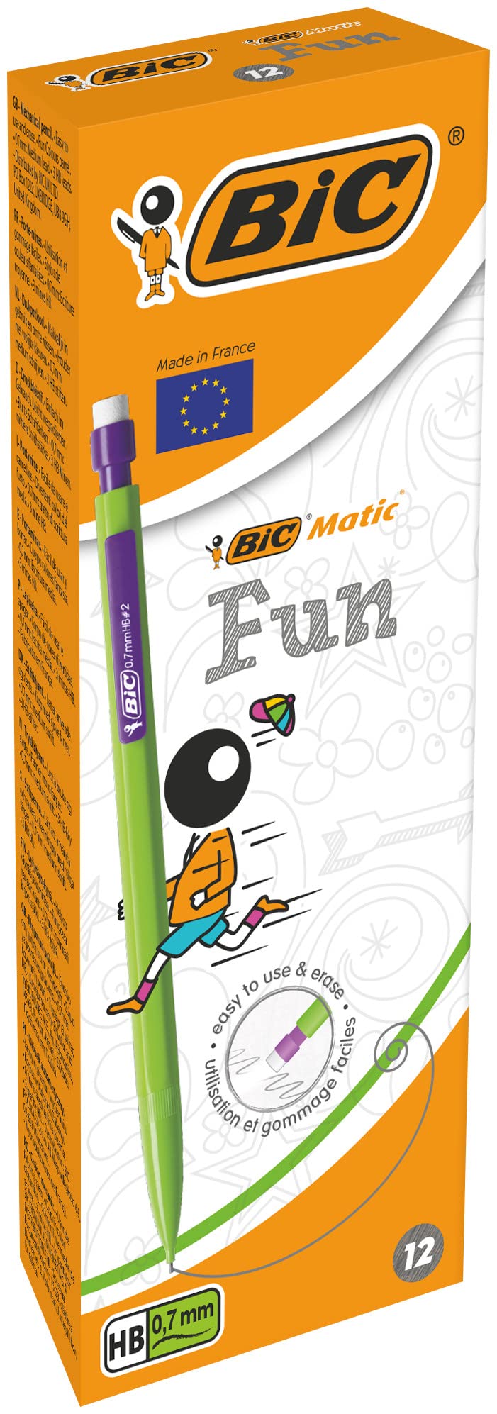BIC Matic Fun 0.7mm Mechanical Pencils - Assorted Colours, Box of 12,Yellow,Blue,Green,White