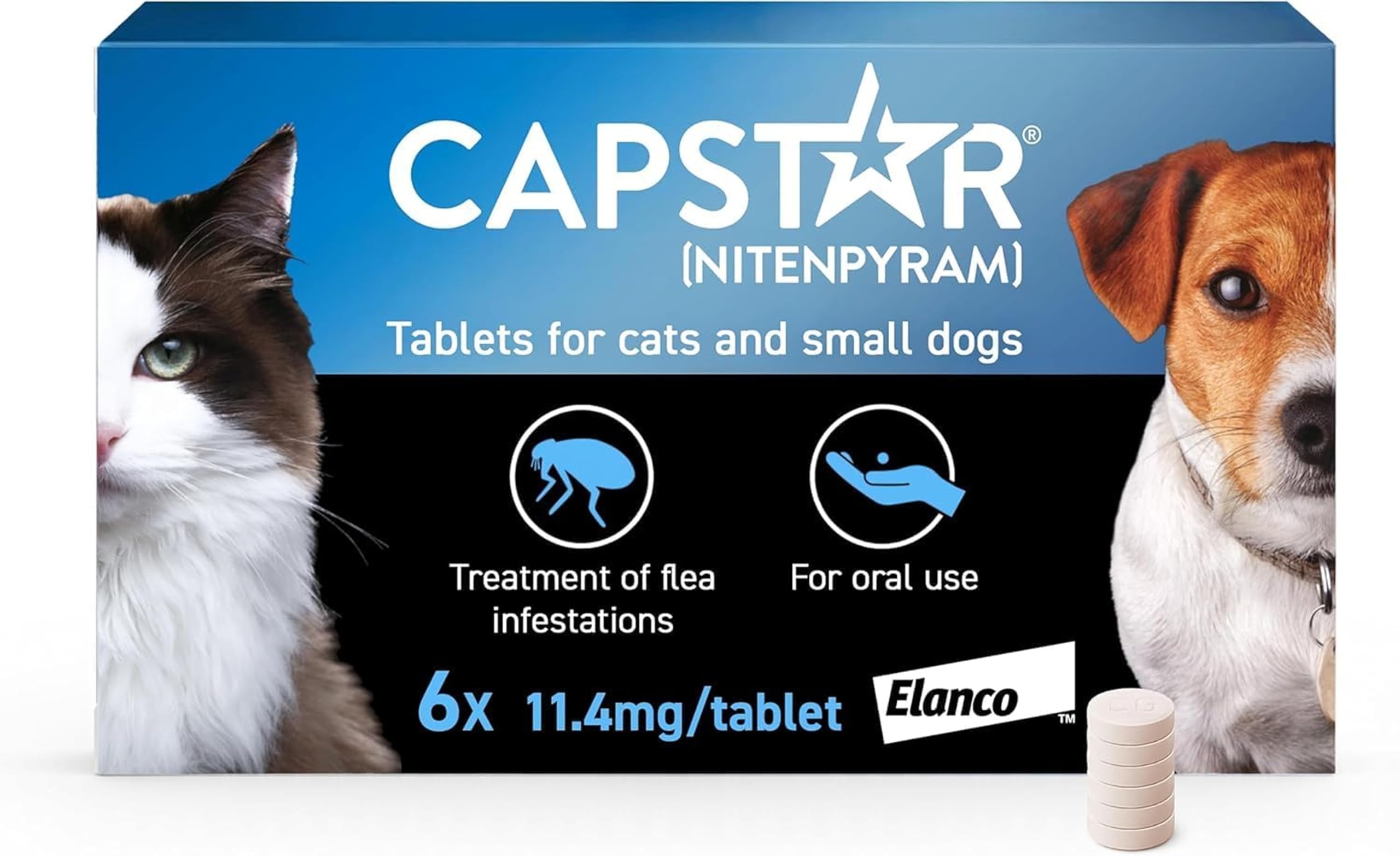Capstar Flea Tablets, Fast Acting Flea Treatment For Cats & Small Dogs (1kg - 11kg), 6 x 11.4 mg Tablet, Starts Working In 15-30 Mins, Kills Adult Fleas In 6 Hours, Fuss Free Edible Tablets