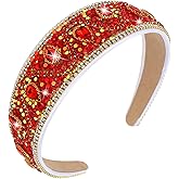 Wecoe Red Rhinestone Headband Women Wide Fancy Sparkly Bling Sequin Glitter Crystal Jeweled Diamond Embellished Headband Hairband Holiday Formal Hair Accessories Gifts
