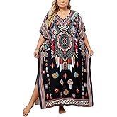 Plus Size Beach Kaftan Dresses for Women Print V-Neck Long Swimsuit Cover Ups
