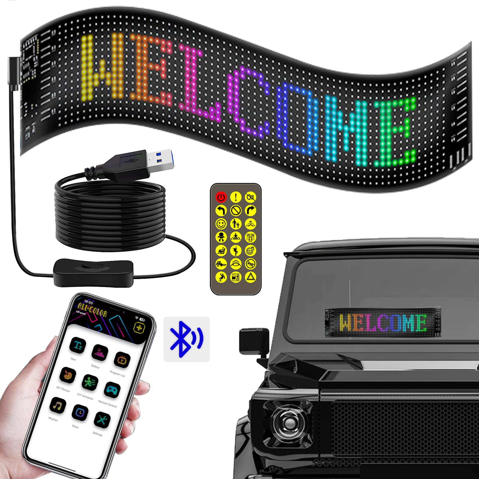 Programmable Led Sign, USB 5V Scrolling LED Sign Programmable, Pre-made Animations, Text Led Car Sign, Bluetooth APP Control Flexible LED Matrix Panel, for Car Store Party Bar Hotel (7"×3")