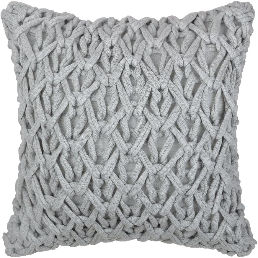 KING Rose Handmade Woven Cable Knit Decorative Cushion Covers Square Throw Pillow Cases 18 x 18 Inches Light Grey