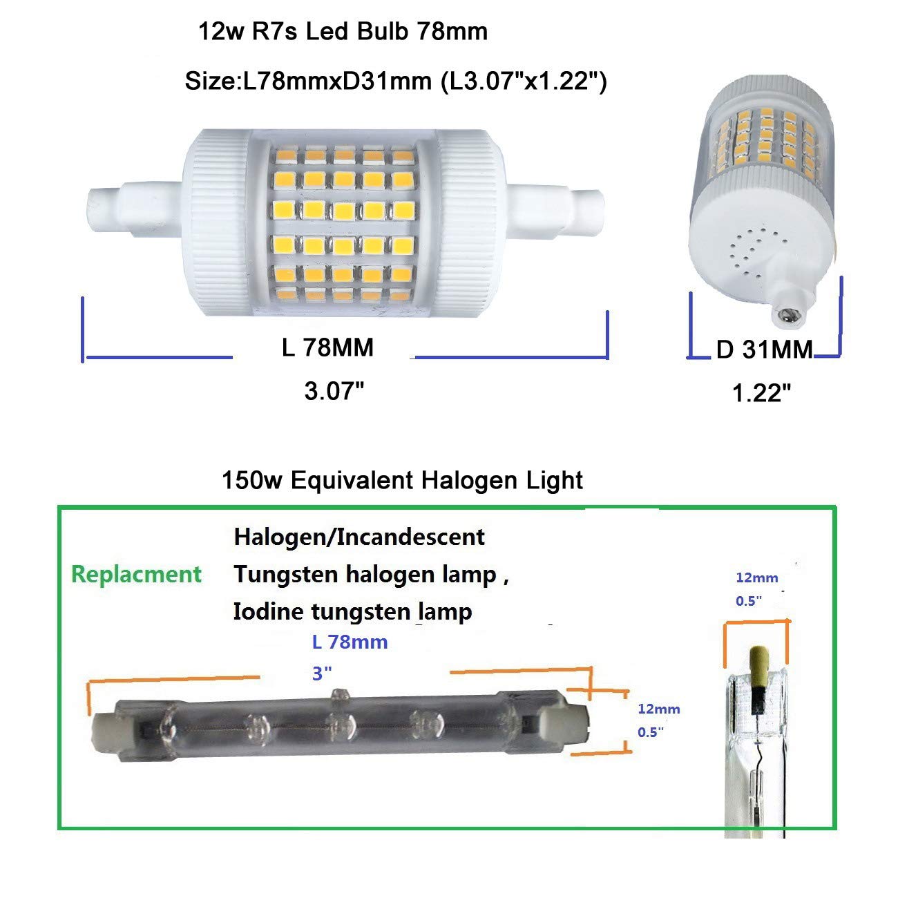 QLEE 12w R7s Led Bulb 78mm 150w Equivalent Halogen Light D31MM 3.1