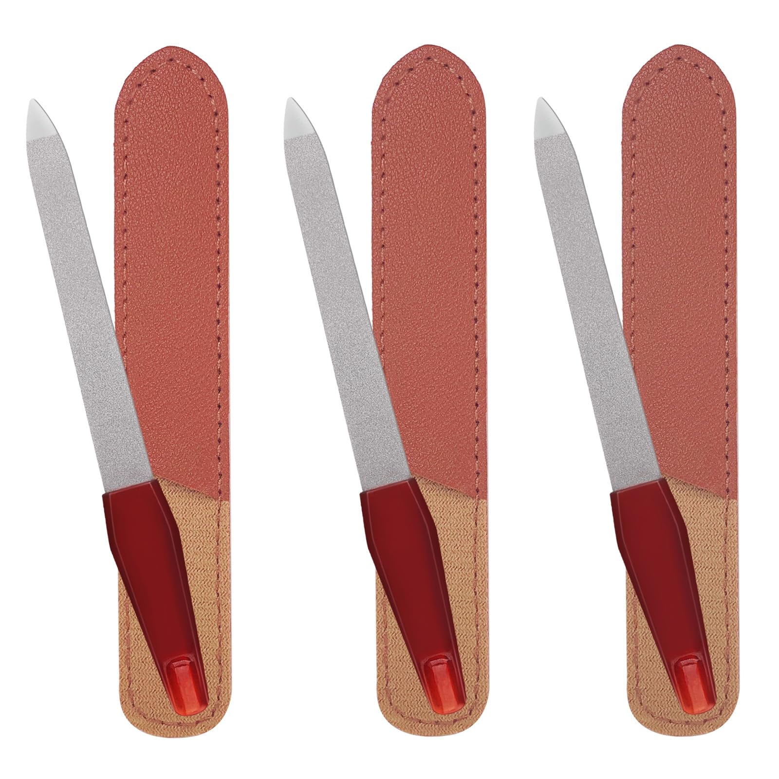 Photo 1 of 3 Pack Metal Nail File with Sharp Pointed Tip and Leather Sheath Case for Natural Nails, 5 Inches Fingernail Files Stainless Steel Manicure Double Sided Sapphire Grit Nail Filer Silver Brown