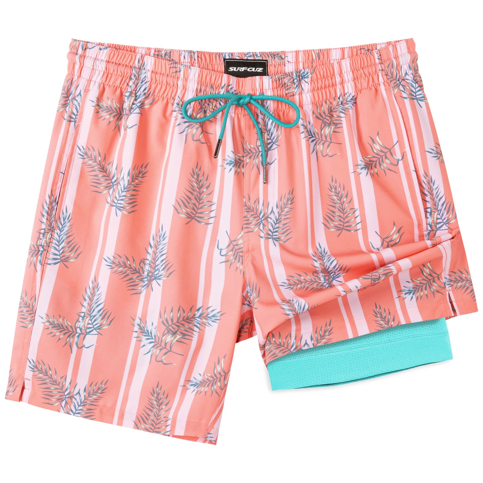 SURF CUZ Mens Swim Trunks with Compression Liner Quick Dry Swim Shorts 7" Swimming Trunks Stretch Zipper Pockets Orange Striped Leaves Small Image